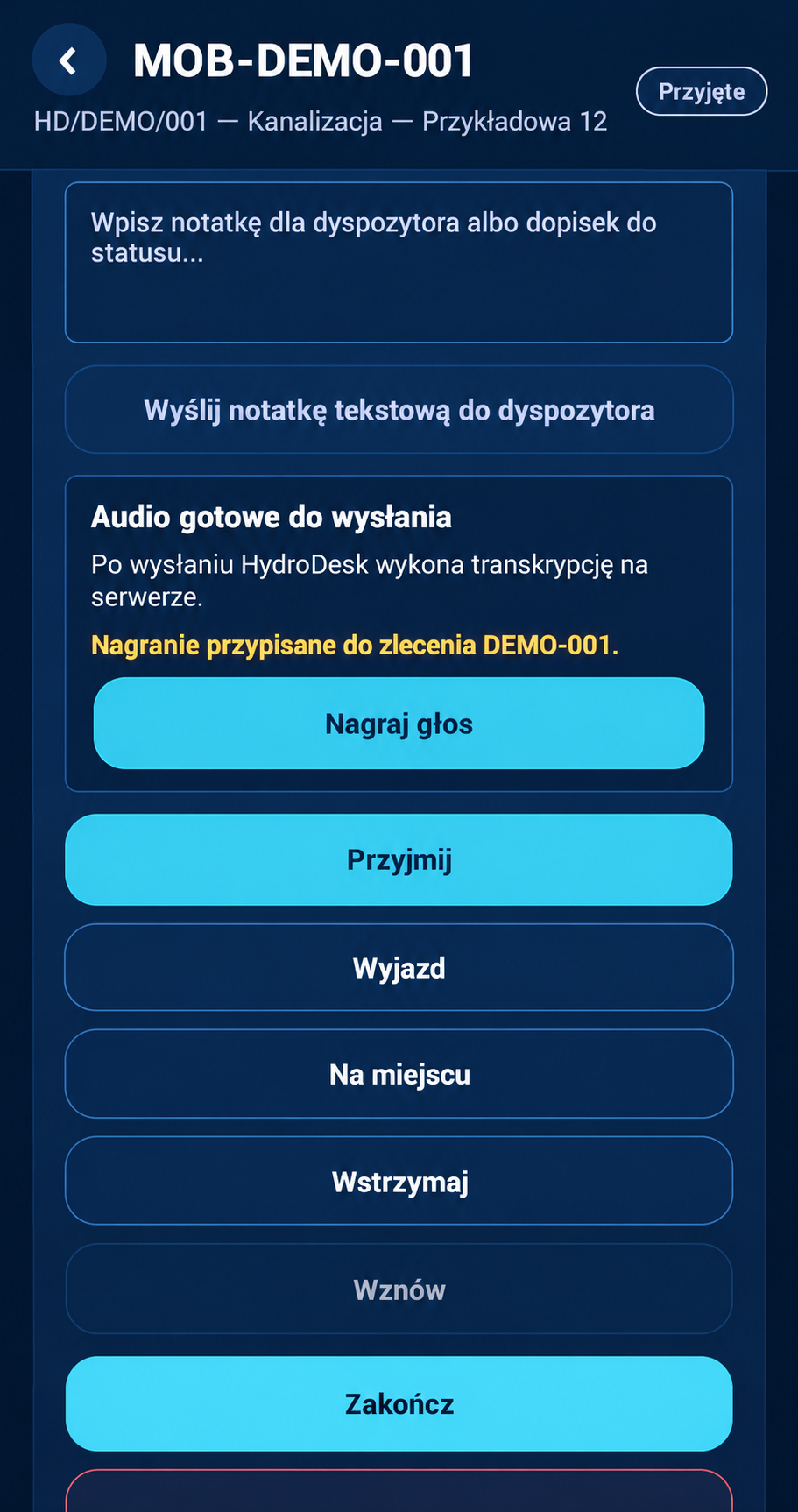 HydroDesk Mobile — statusy realizacji i notatki głosowe