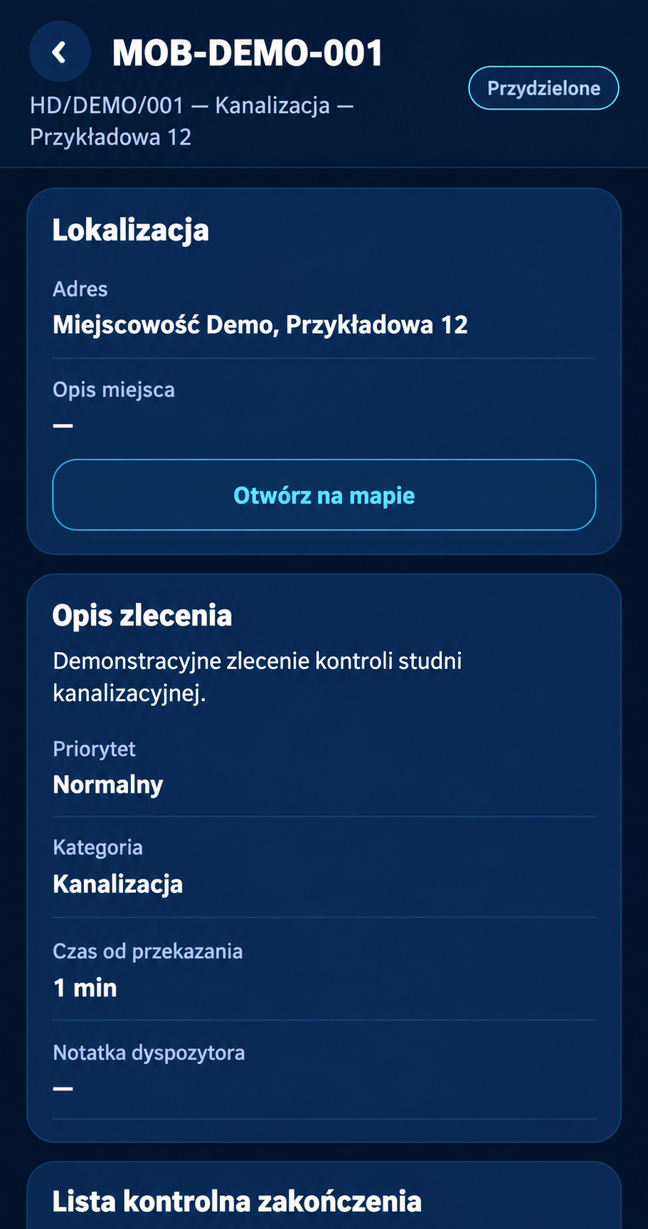 HydroDesk Mobile — szczegóły zlecenia z fikcyjnym adresem