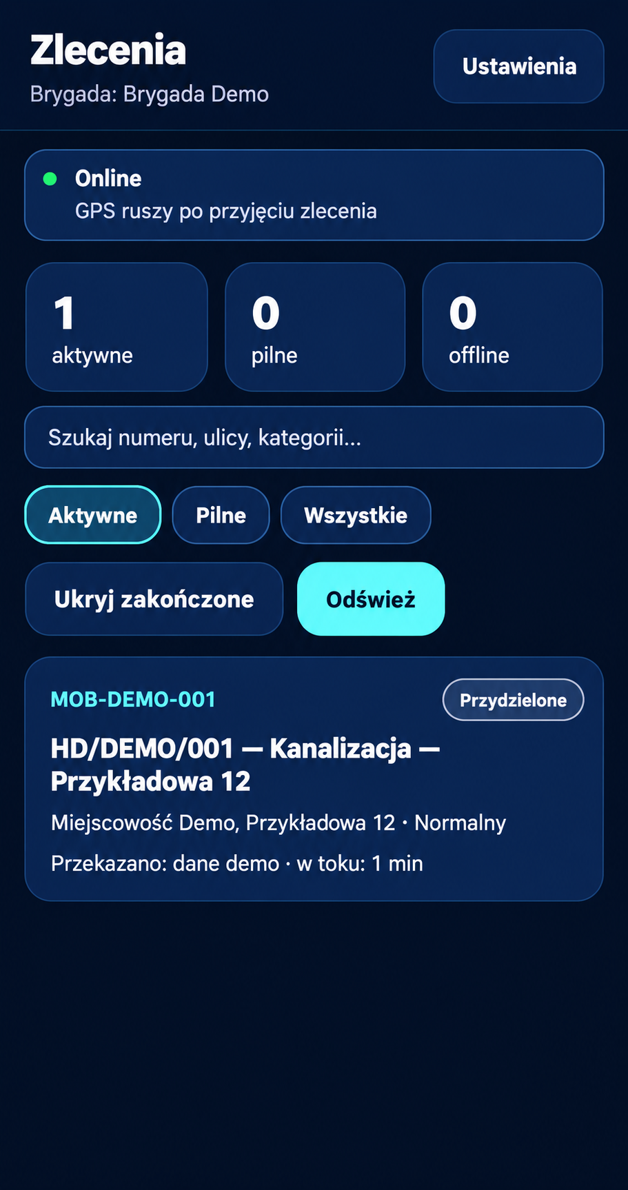 HydroDesk Mobile — lista zleceń z danymi demonstracyjnymi